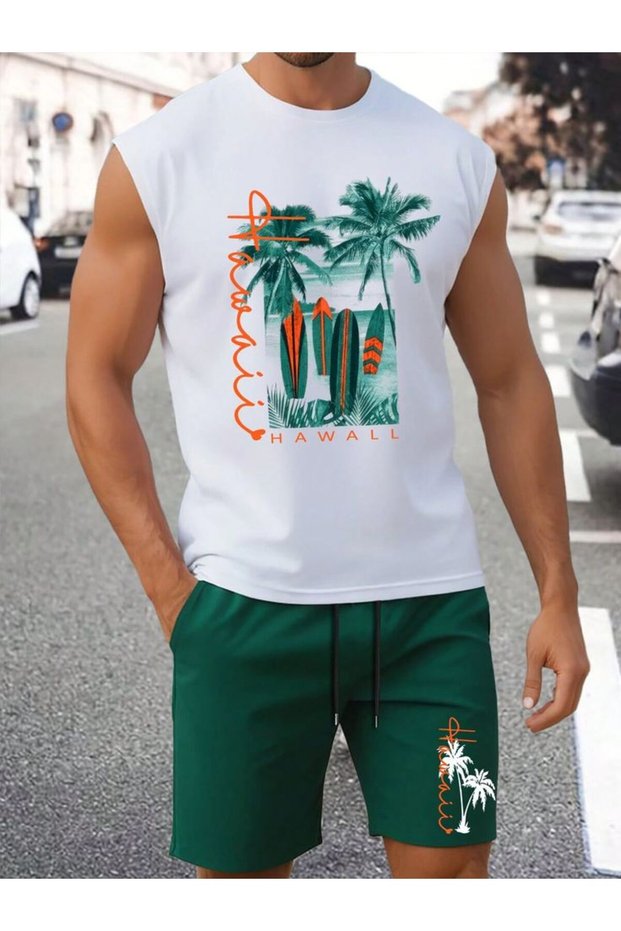Tropical Pattern Men's Shorts Set "Hawaii" – Sleeveless T-Shirt and Shorts
