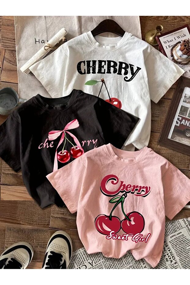 تي شيرت كبير الحجم للجنسين بتصميم Cherry Kids مكون من 3 قطع