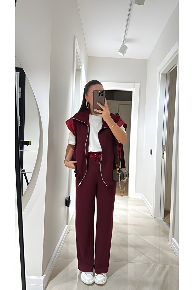 Women's Vest and Trousers Set with Elastic Waist Zippered Vest Chic Top and Bottom Set