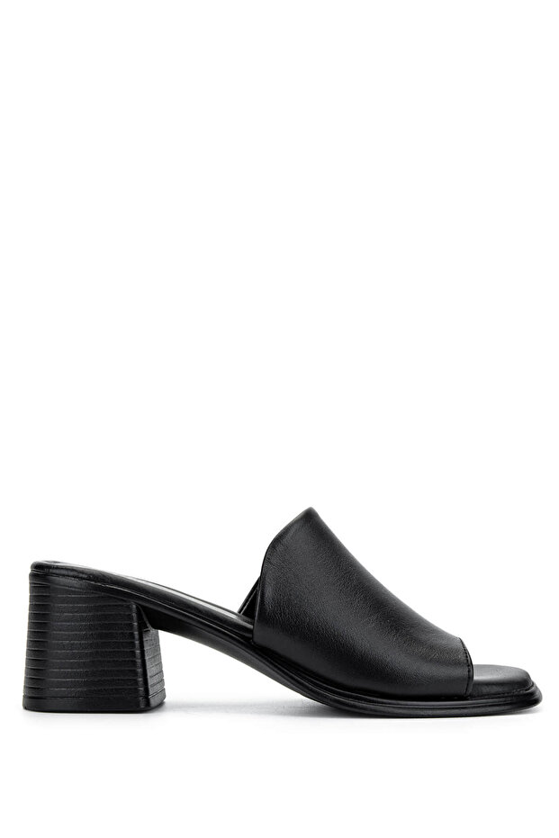 Women's Genuine Leather Black Leather Heeled Slippers