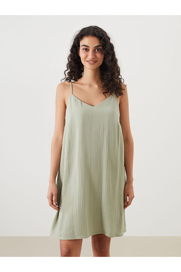 Lcw Dream Green V-Neck Textured Strap Women's Nightgown