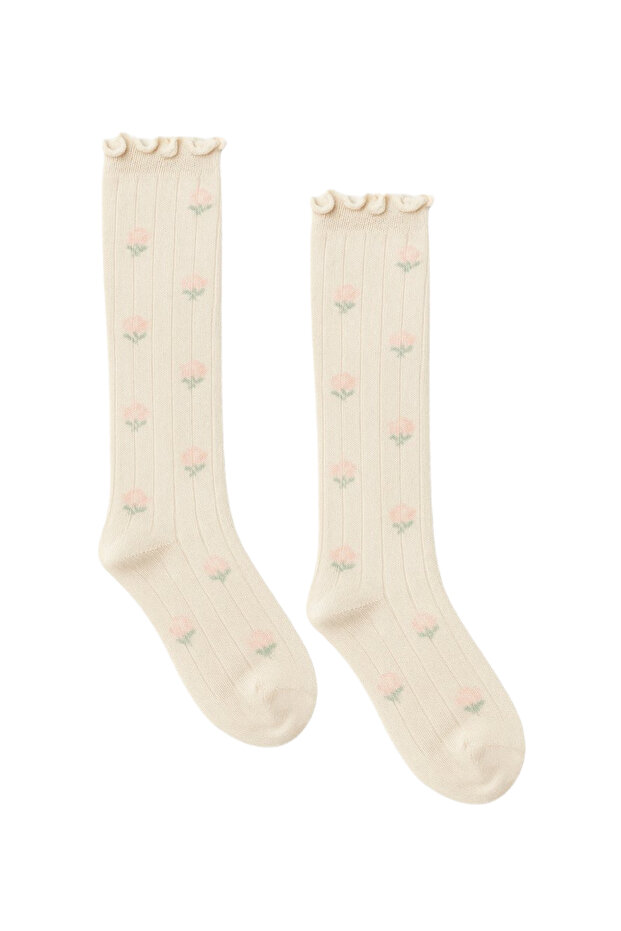 Baby Floral Patterned Socks Beige