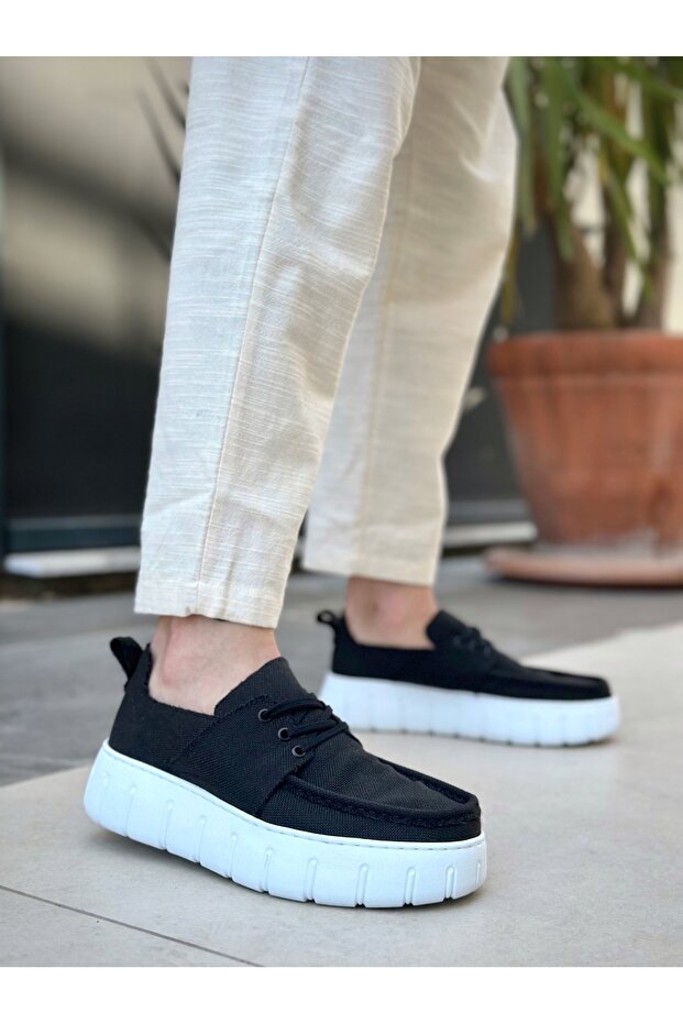 Tugerdi Black Linen Light High White Sole Style Men's Summer Shoes Tge230826