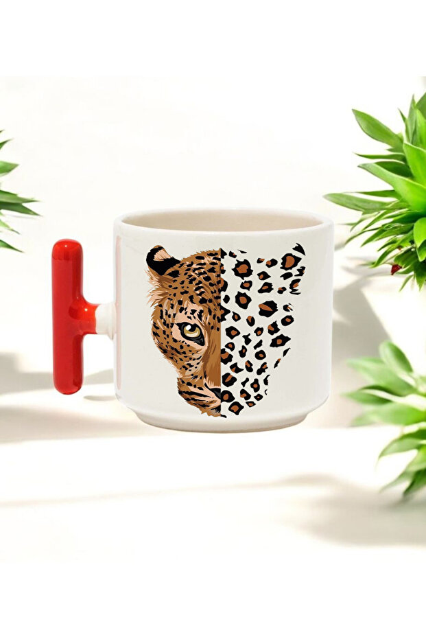 كوب سيراميك مطبوع بمقبض على شكل حرف T باللون الأحمر مع تصميم نمر ونمر 250 مل - 1