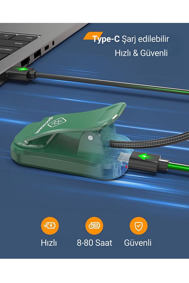 Şarjlı LED Masa, Kitap Lambası Çalışma, Okuma, Tamirci Ergonomik Esnek Şarjlı Type C Yeşil - 5