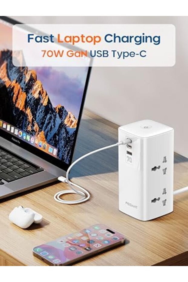 كابل تمديد طاقة برجي PEGANT بقوة 70 وات، 4 منافذ عالمية، 2 منفذ USB-C PD3.0 ومنفذ شحن سريع USB-A واحد - 8