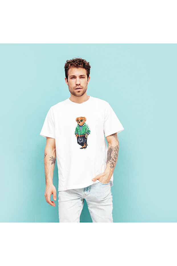 Teddy Bear Printed Design Printed 100% Cotton Crew Neck Black-White T-Shirt