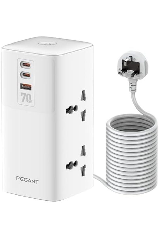 كابل تمديد طاقة برجي PEGANT بقوة 70 وات، 4 منافذ عالمية، 2 منفذ USB-C PD3.0 ومنفذ شحن سريع USB-A واحد - 2