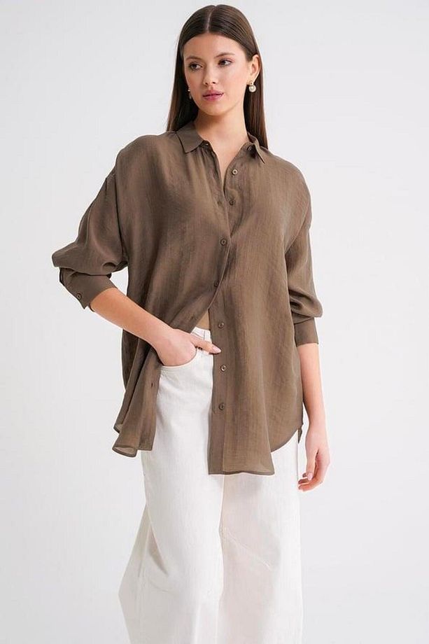 4667 Kadın İnce Oversize Modal Gömlek Kahve - 1