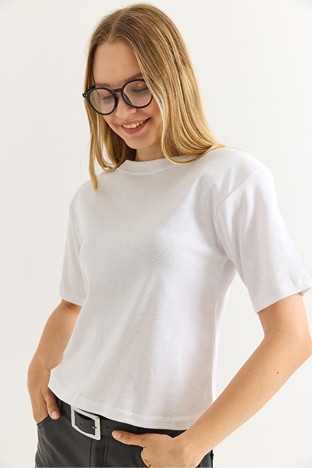 Vatkalı Bisiklet Yaka Basic Tshirt Beyaz - 5