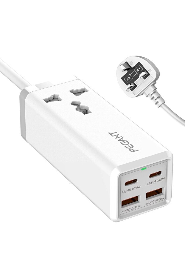 PEGANT 65W 2M Power Extension with 4-Port USB Fast Charger Adapter Universal Plug Socket + 2 USB-C P - 1