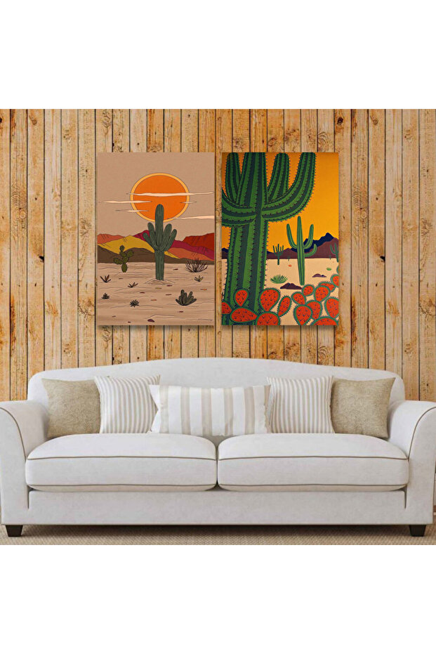 Desert Design Double Panel Canvas Painting with Hollow Silver Frame