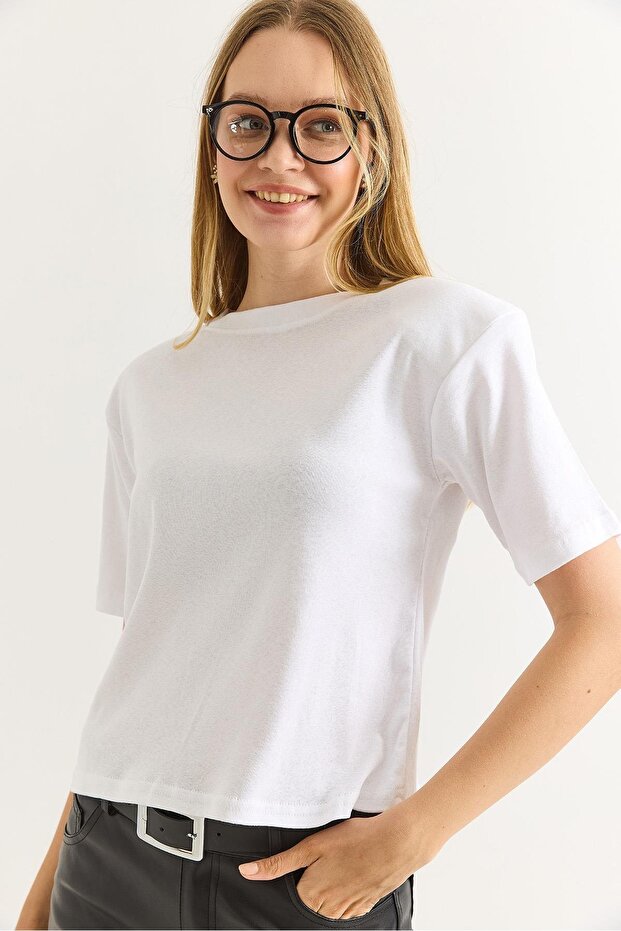 Vatkalı Bisiklet Yaka Basic Tshirt Beyaz - 1