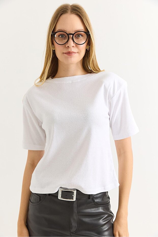 Vatkalı Bisiklet Yaka Basic Tshirt Beyaz - 3