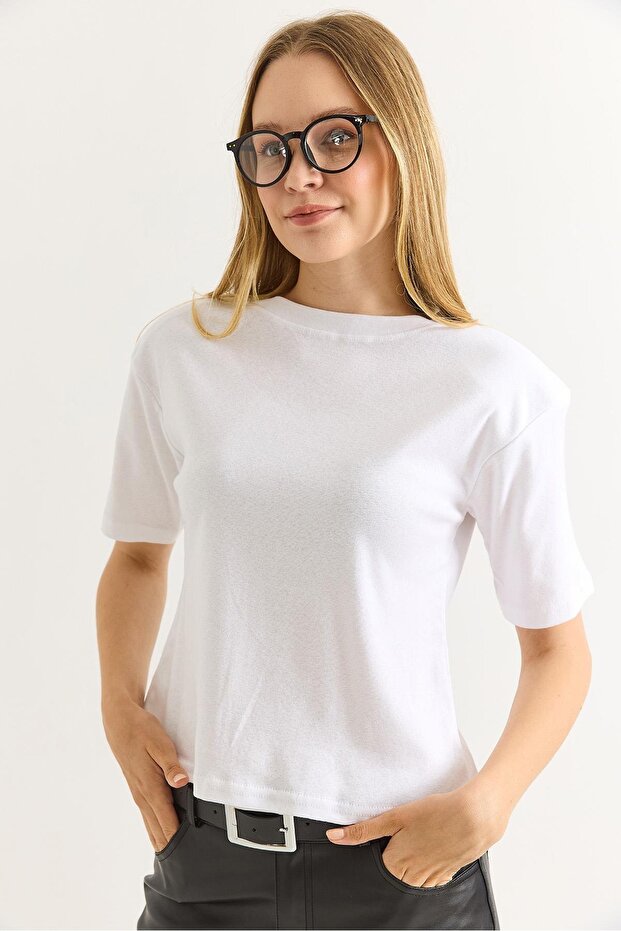 Vatkalı Bisiklet Yaka Basic Tshirt Beyaz - 2