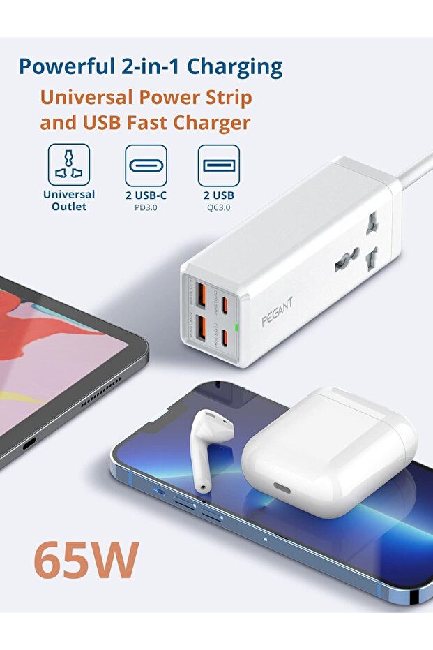 PEGANT 65W 2M Power Extension with 4-Port USB Fast Charger Adapter Universal Plug Socket + 2 USB-C P - 5