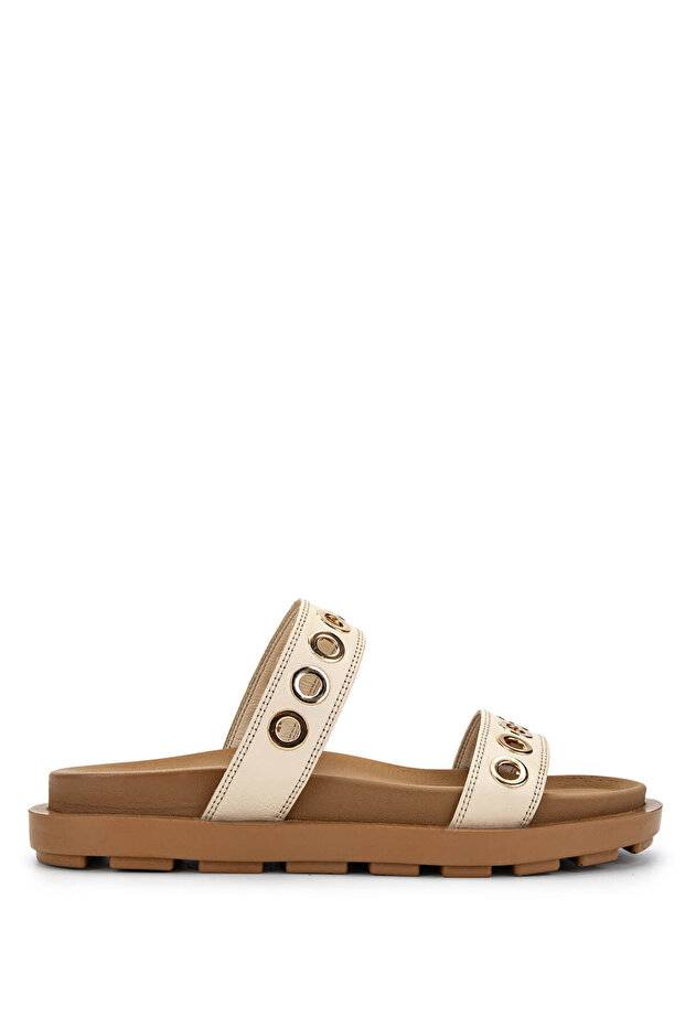 Women's Genuine Leather Beige Flat Slippers