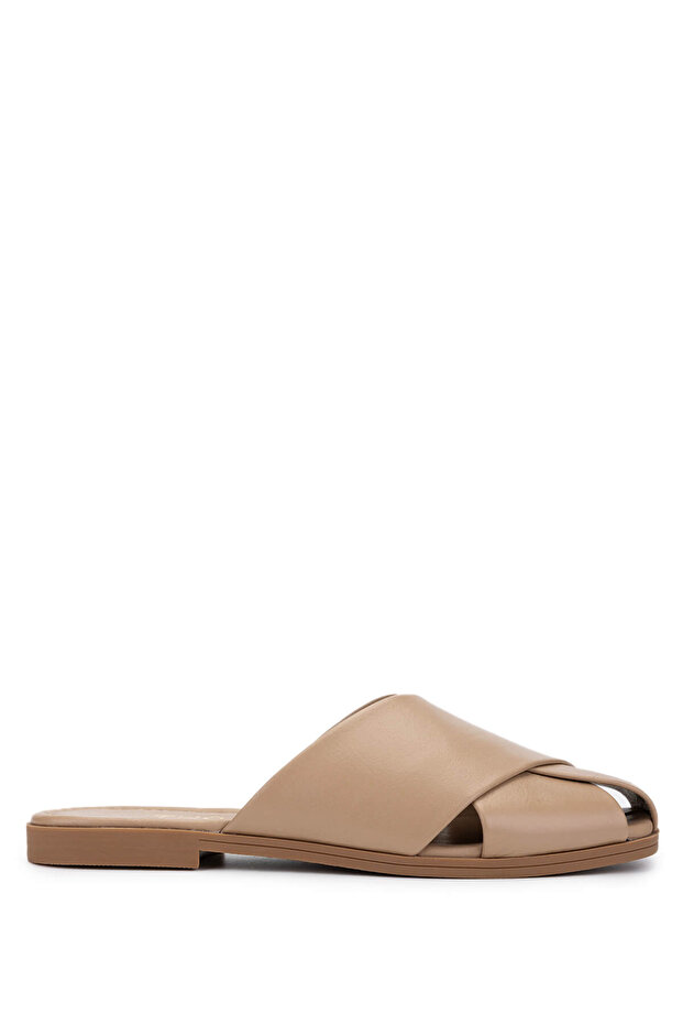 Women's Genuine Leather Beige Heeled Slippers