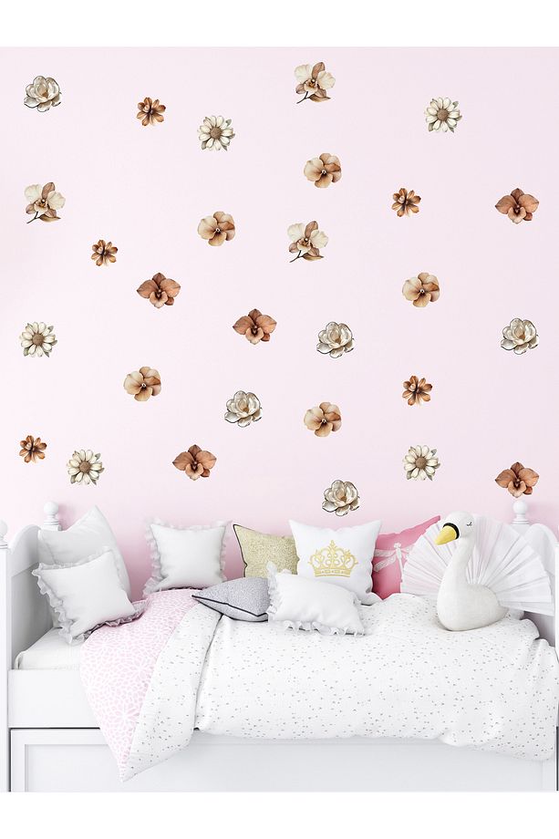 Soft Kahverengi ve Beyaz Tonlarda Çiçekler, Cam, Duvar Sticker, 30 x 100, 72 Adet Çiçek - 4