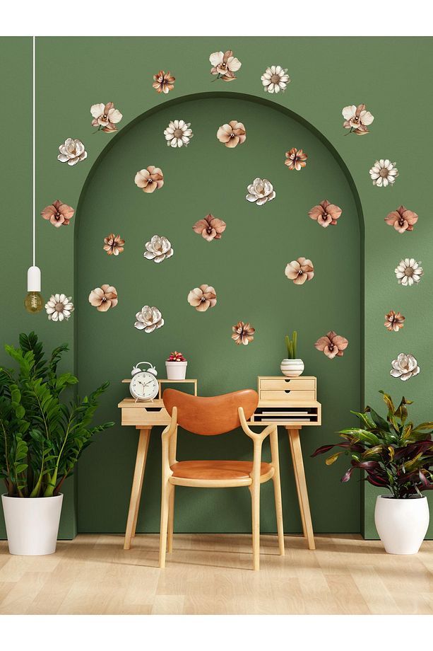Soft Kahverengi ve Beyaz Tonlarda Çiçekler, Cam, Duvar Sticker, 30 x 100, 72 Adet Çiçek - 3