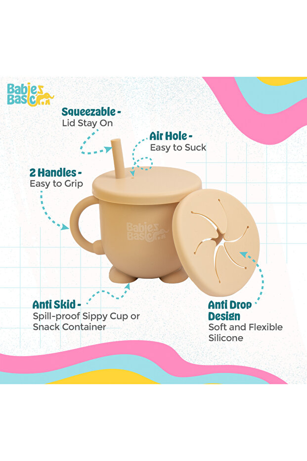 كوب سيليكون متعدد الاستخدامات 2 في 1 من بيبيز بيسيك مع شفاطة أو غطاء للوجبات الخفيفة - بيج - 3