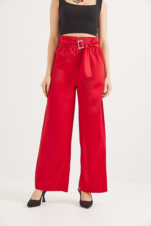 Belted High Waist Flared Trousers Red