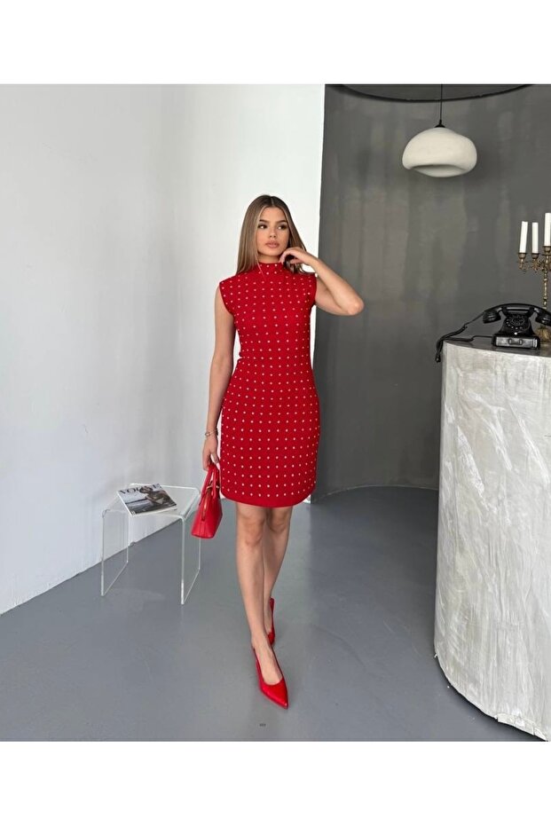 Taşlı Kadın Ottoman Mini Elbise - 4