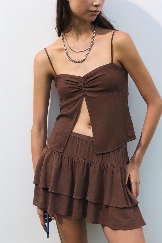 Ketenli volanlı mini etek - 1