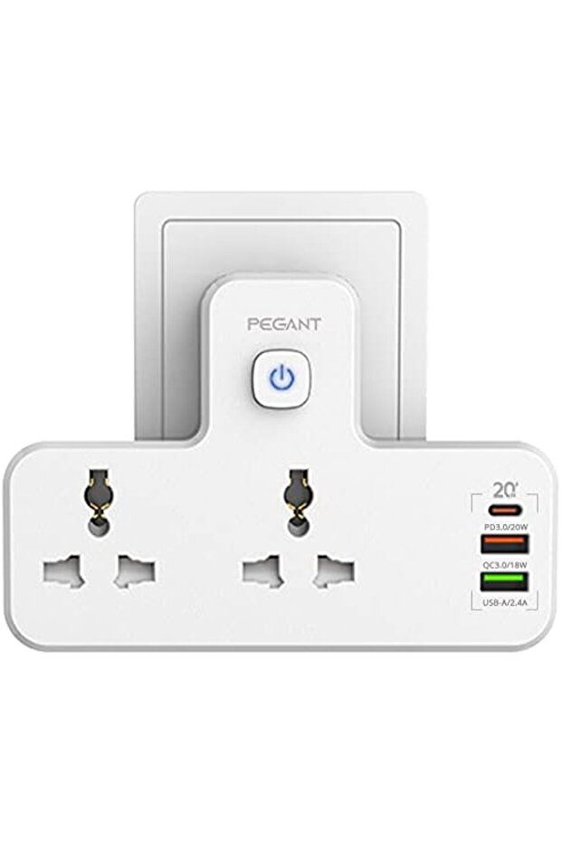 PEGANT 3 in 1 Power Extension Socket Plug Adapter, 20W USB-C PD Quick Charge Port, 2 USB-A QC3.0, 2 - 1