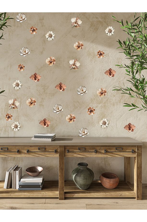Soft Kahverengi ve Beyaz Tonlarda Çiçekler, Cam, Duvar Sticker, 30 x 100, 72 Adet Çiçek - 1