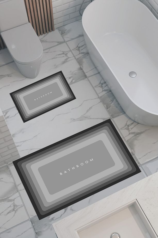 Bathroom Desenli Eko Banyo Paspası, Kaymaz Taban, Makinada Yıkanabilir, Dijital Baskı 2'li Set - 1
