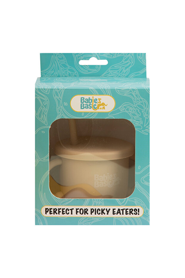 كوب سيليكون متعدد الاستخدامات 2 في 1 من بيبيز بيسيك مع شفاطة أو غطاء للوجبات الخفيفة - بيج - 5