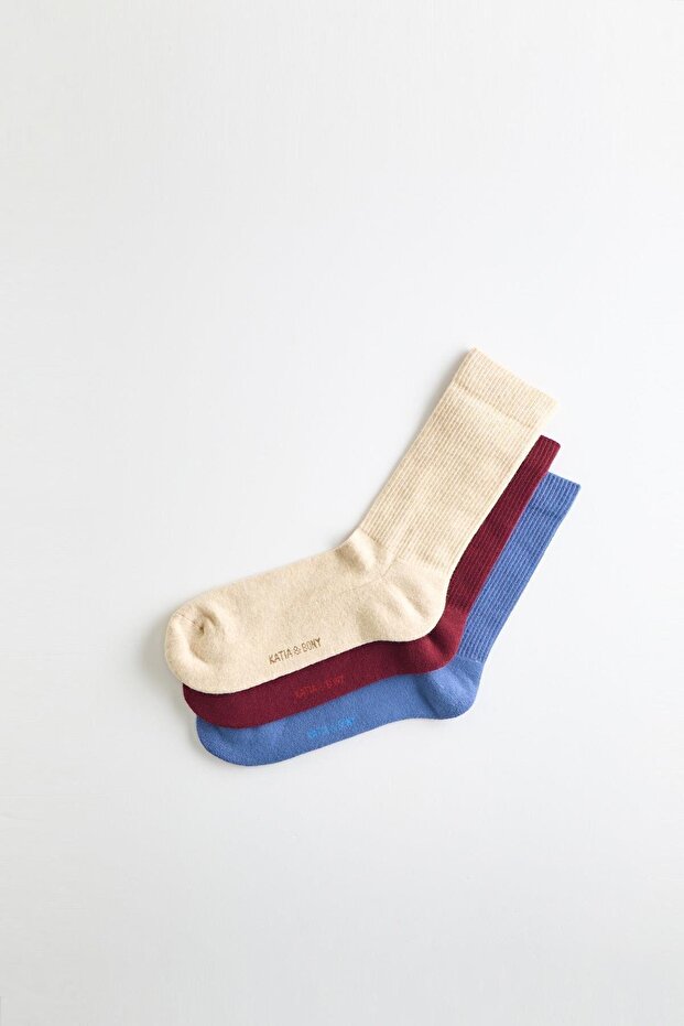 3-pack cotton sports socks burgundy/cream/blue