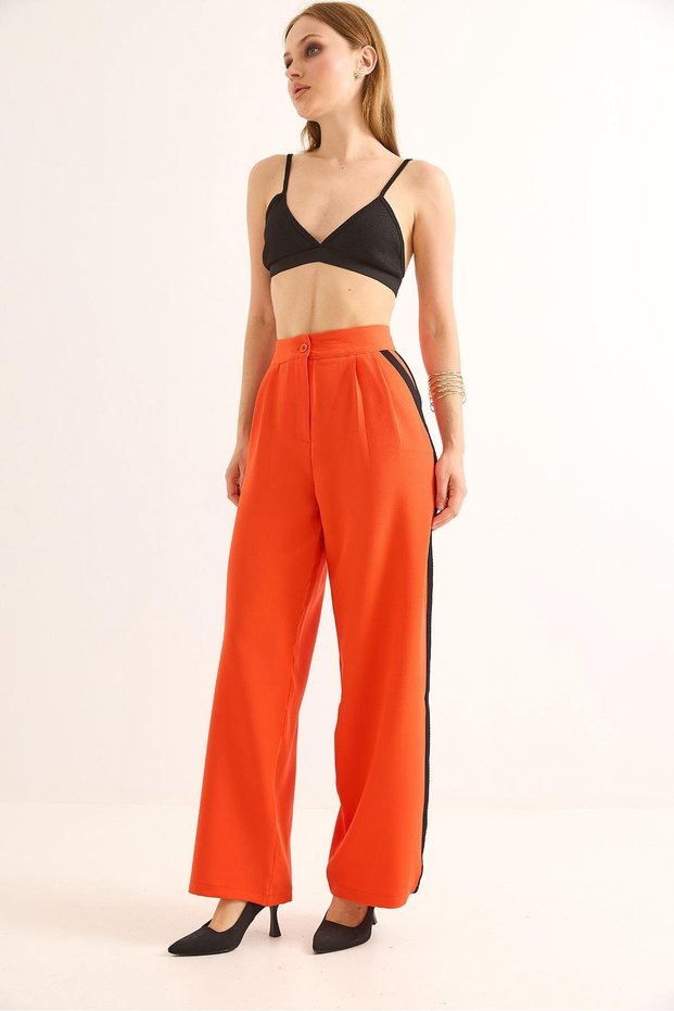 High Waist Palazzo Trousers with Side Stripes Orange