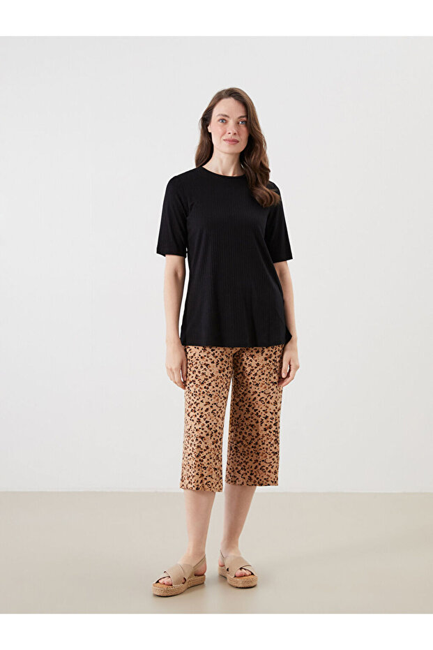 Beige Elastic Waist Patterned Women's Capri
