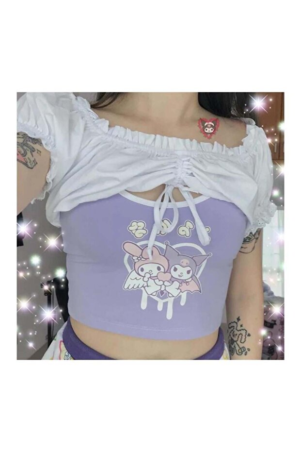Anime Sanrio Kuromi and My Melody - Heart Lilac Gothic Y2K Strap Crop