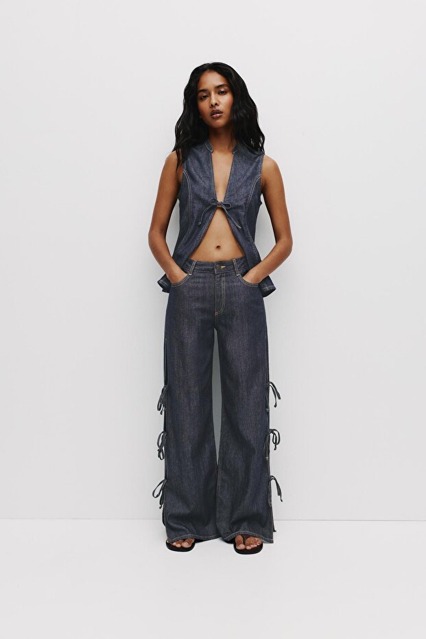 Bağcıklı geniş paça jean - 2