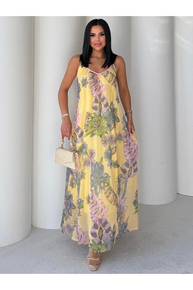 Juls Floral Print Strap Chiffon Long Yellow Dress – V-Neck, Summer and Roomy Design 7426