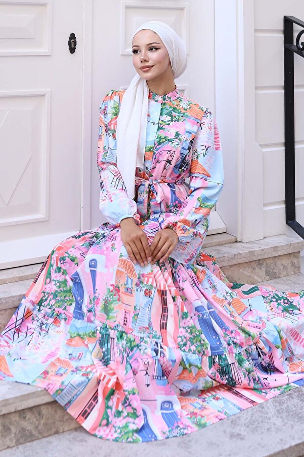 Patterned Hijab Dress Lilac 569