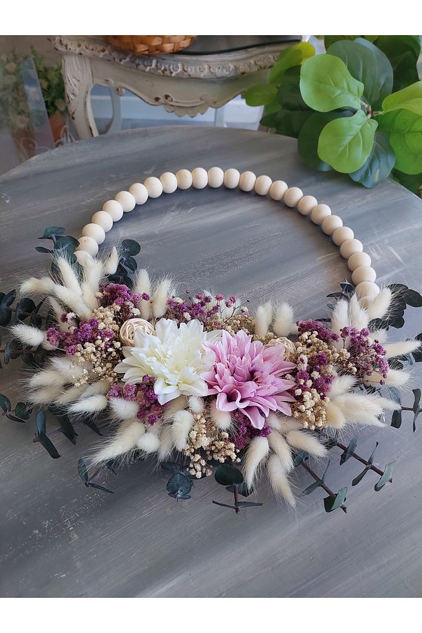 Boncuklu Kuru Çiçekli Kapı Süsü, Bohem Kapı Çelengi, Hediye, Doğal, Dekor, Yapay Çiçek - 3