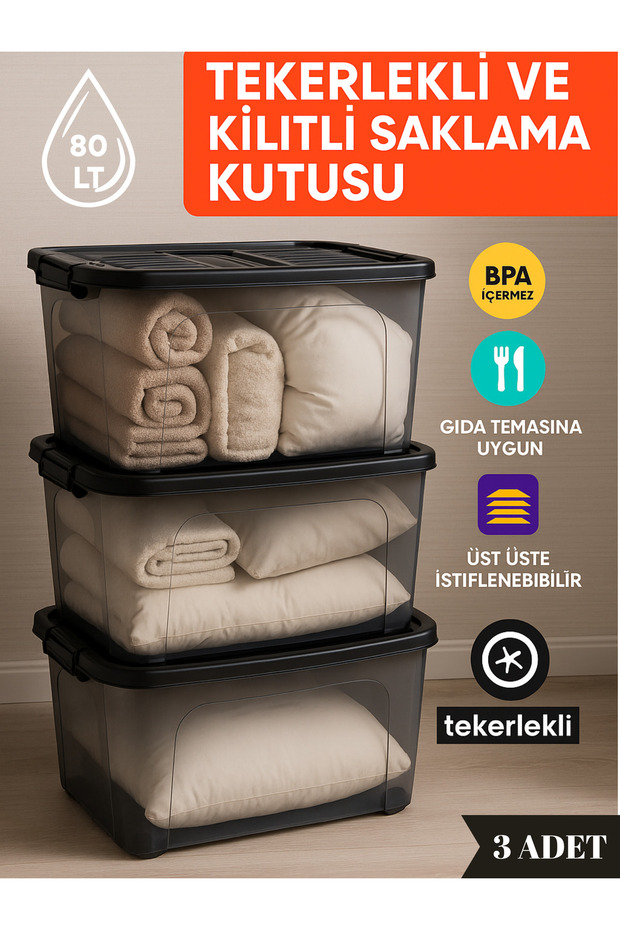80 LT Tekerlekli Saklama Kutusu (3'lü Set) - Kilitli, Gıda Temasına Uygun, Şeffaf Depolama Kutusu - 3