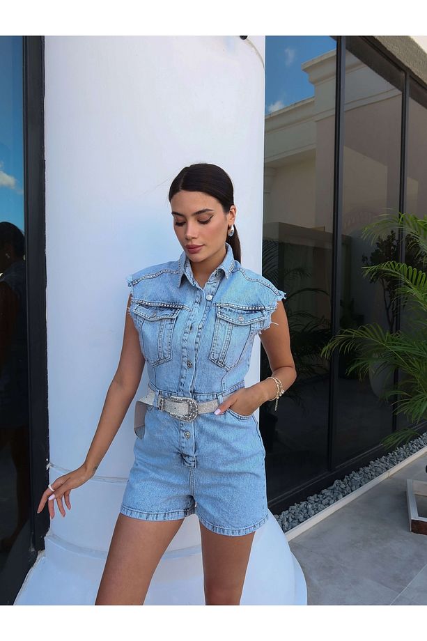 Sıfır Kol Taş İşlemeli Denim Şort Tulum - 2