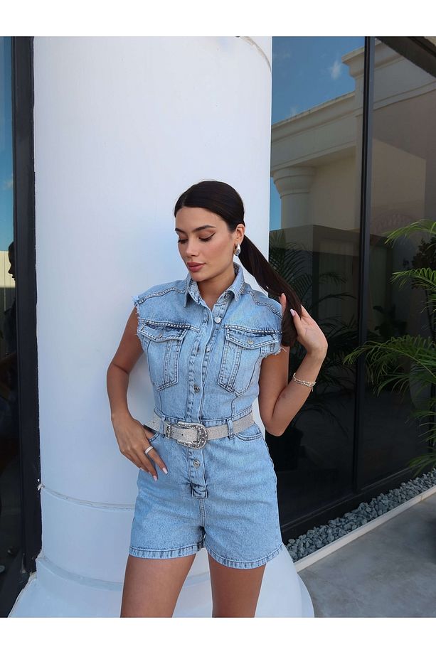 Sıfır Kol Taş İşlemeli Denim Şort Tulum - 4