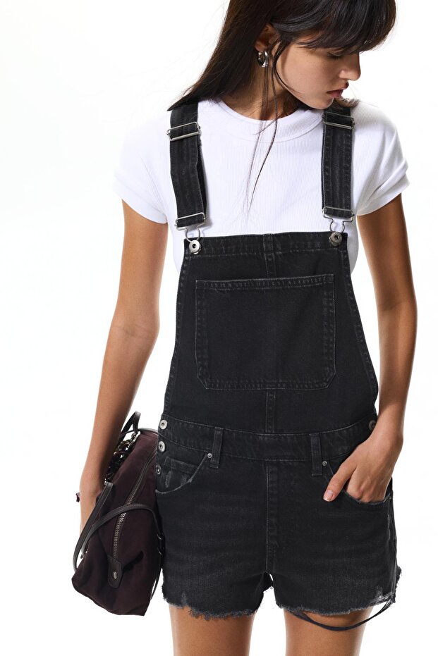 Yırtık kısa denim salopet - 1