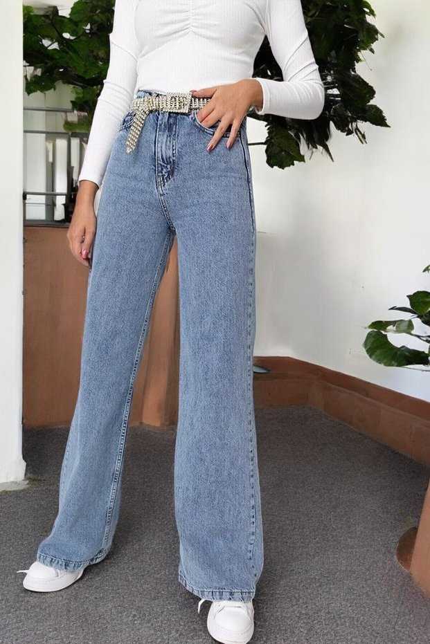 Young Girl's Blue Washed High Waist Lycra Loose Wide Leg Jeans