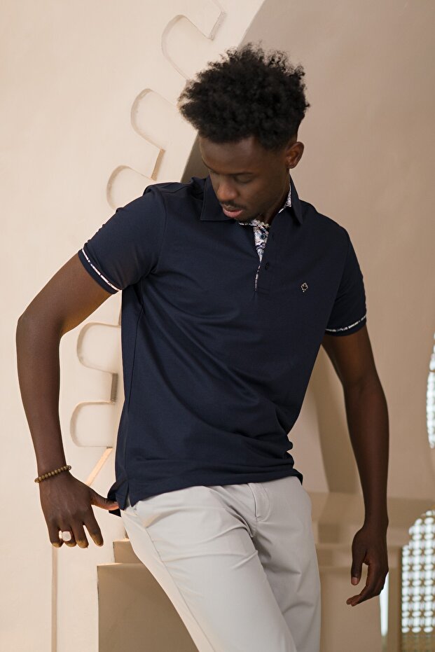Regular Fit Collar Garnished Cotton Polo Neck T-Shirt