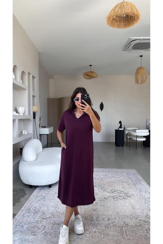 Bordo Pike Modal Yakalı Basic Elbise - 1