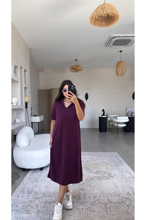 Bordo Pike Modal Yakalı Basic Elbise - 4