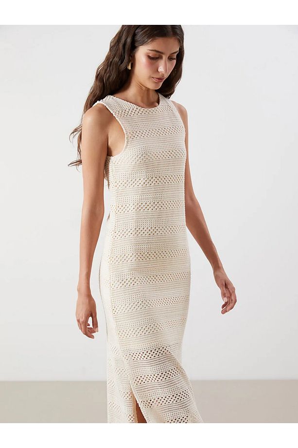 LCW Vision Ekru Bisiklet Yaka Kroşe Bodycon Elbise - 2