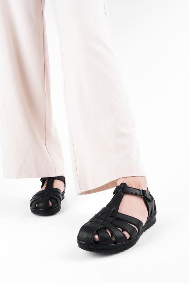 Verla Women's Genuine Leather Cage Detailed Velcro Sandals-Black